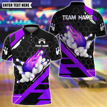 Maxcorners Custom Bowling Polo Shirt, Flame Bowling Design, Personalized Bowling Polo for Men Women,Personalized Name Team 3D Shirt Purple