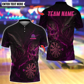 Maxcorners Personalized Name Dart Polo Shirt, Dark Vibes Mystery Skull With Dartboard Design ,Custom Team Shirt for Men, Gift for Darts Players Pink