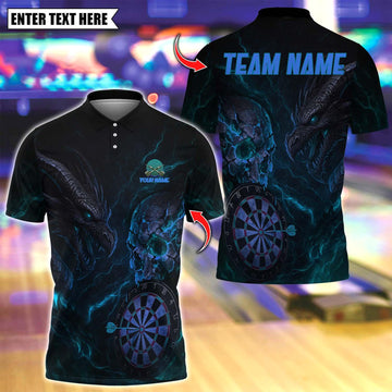Maxcorners Personalized Name Dart Polo Shirt, Dark Vibes Mystery Skull With Dartboard Design ,Custom Team Shirt for Men, Gift for Darts Players Blue