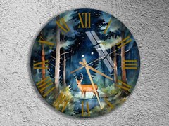 Maxcorners Deer Forest Tempered Glass Wall Clock: Nature Scene Art TU3012