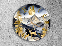 Maxcorners Tempered Glass Wall Clock: Deer, Moon & Mountain Art TU3012