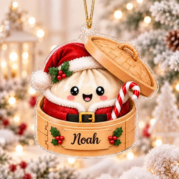 Maxcorners Dumpling Ornament Cute Character Wearing Santa Suit Hat Belt Holding Candy Cane Bamboo Steamer Basket Holly Berries Personalized Christmas Ornament