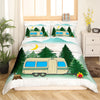 Maxcorners Happy Camping Duvet Cover, Cartoon Trailer/RV Jungle Trees Watercolor Natural Bedding Set