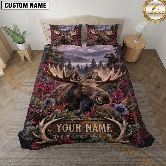 Maxcorners Moose Hunting Floral Mountain Lake Wildlife Artwork Multiple Options Personalized Name 3D Printed Bedding Set