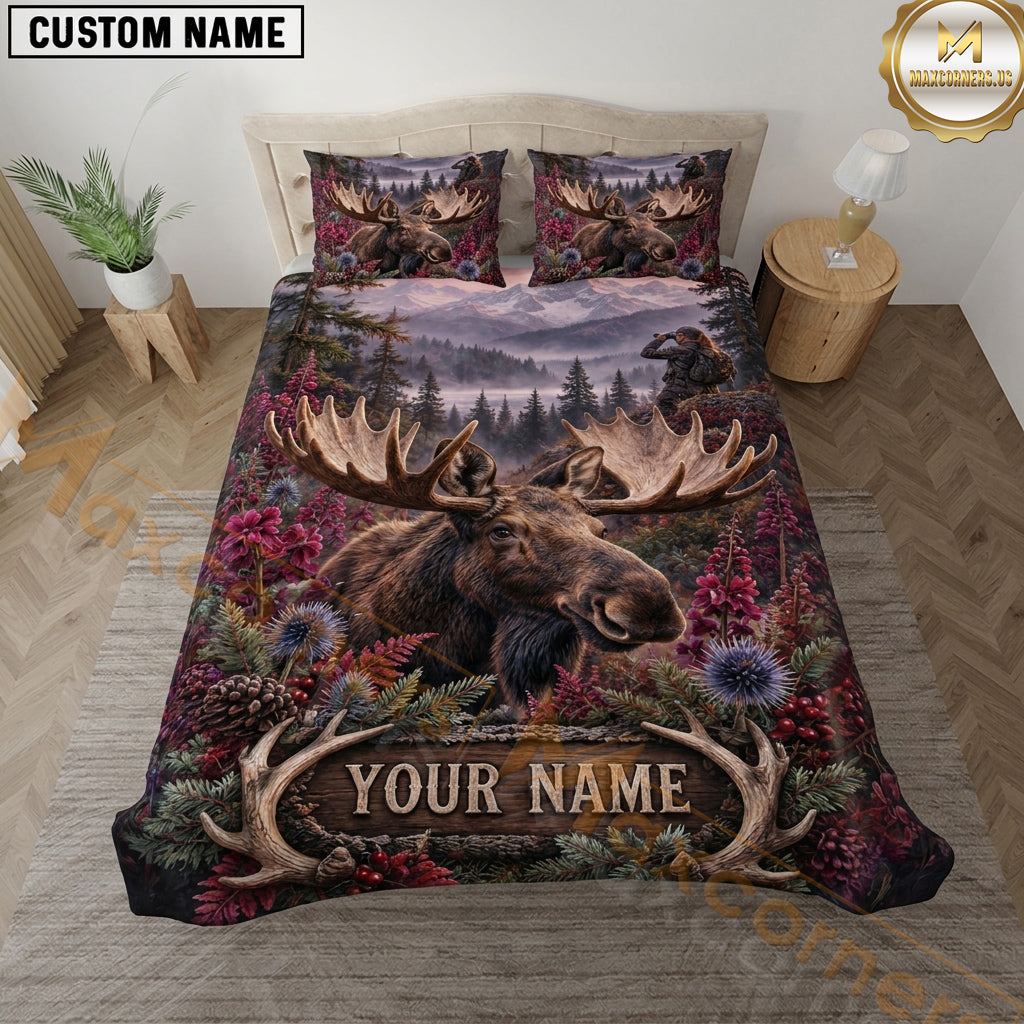 Maxcorners Moose Hunting Floral Mountain Lake Wildlife Artwork Multiple Options Personalized Name 3D Printed Bedding Set