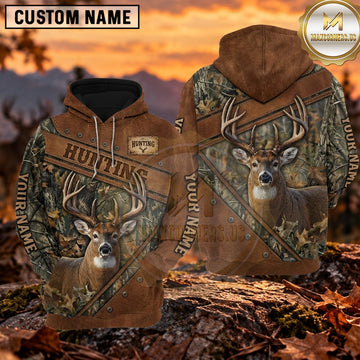 Maxcorners Whitetail Deer Hunting Rustic Diagonal Banner Personalized Name 3D Hoodie