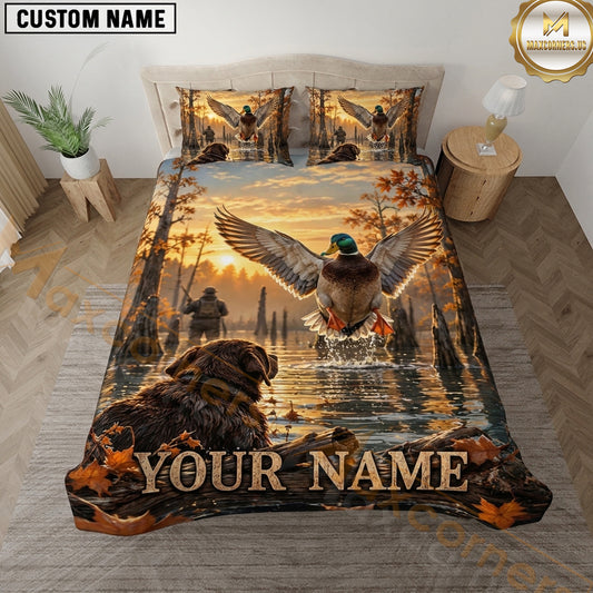 Maxcorners Dog Hunting Duck Hunting Retriever Mallard Waterfowl Sunset Scene Multiple Options Personalized Name 3D Printed Bedding Set