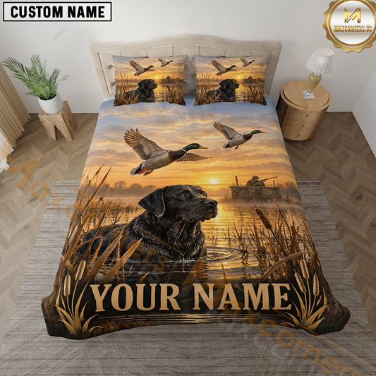 Maxcorners Dog Hunting Duck Hunting Black Retriever Flying Mallards Marsh Scene Multiple Options Personalized Name 3D Printed Bedding Set