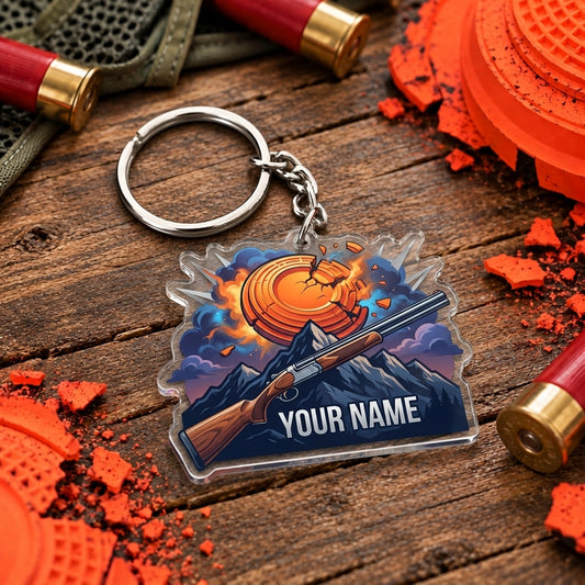 Maxcorners Blue Exploding Clay Shotgun Scene Trap Shooting Personalized Name Acrylic Keychain