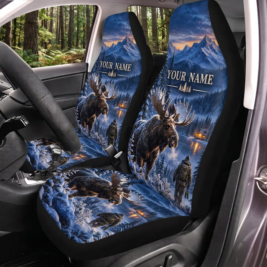 Maxcorners Moose Hunting Blue Winter Forest Personalized Name Car Seat Covers