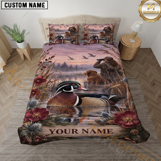 Maxcorners Duck Hunting Wood Duck Floral Marshland Vintage Artwork Multiple Options Personalized Name 3D Printed Bedding Set