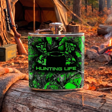 Maxcorners Hunting Life Hunter Silhouette and Wilderness Pattern Multiple Options 3D Hip Flask