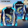Maxcorners Fishing Shirt Electric Blue Flame Lightning Style Multiple Options Personalized Name, Team Name 3D Long Sleeve Shirt (13 Fish Species)