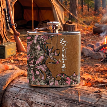 Maxcorners Deer Hunting Whitetail Buck and Floral Camouflage Artwork Multiple Options 3D Hip Flask