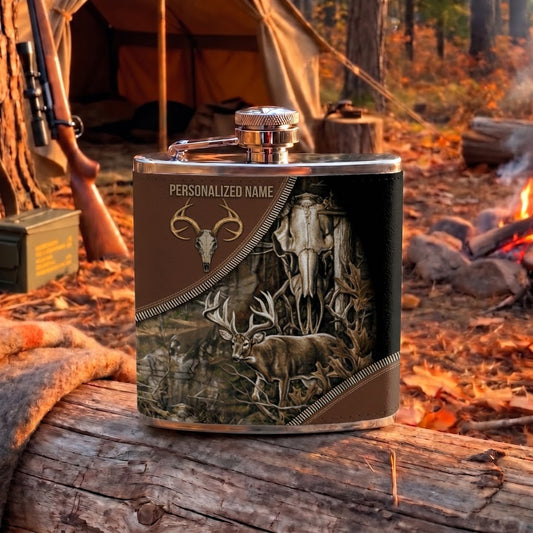 Maxcorners Deer Hunting Vintage Woodland Buck and Antler Artwork Multiple Options Personalized Name 3D Hip Flask