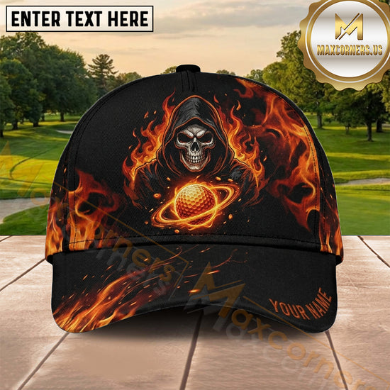Maxcorners Golf Flaming Skull Orange Fire Personalized Name 3D Cap