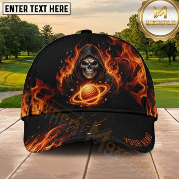 Maxcorners Golf Flaming Skull Orange Fire Personalized Name 3D Cap