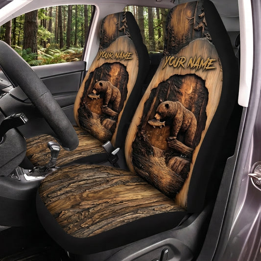Maxcorners Bear Hunting Vintage Brown Forest Personalized Name Car Seat Covers