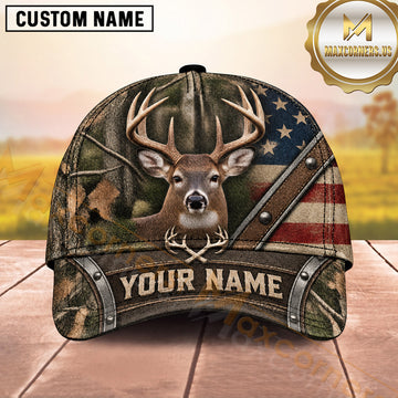 Maxcorners Deer Hunting Trophy Buck American Flag Hunting Design  Personalized Name 3D Cap
