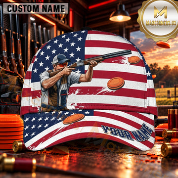 Maxcorners American Flag Trap Shooter Trap Shooting Personalized Name 3D Cap