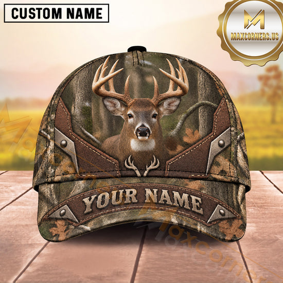 Maxcorners Deer Hunting Whitetail Buck Rustic Leather Frame Design  Personalized Name 3D Cap