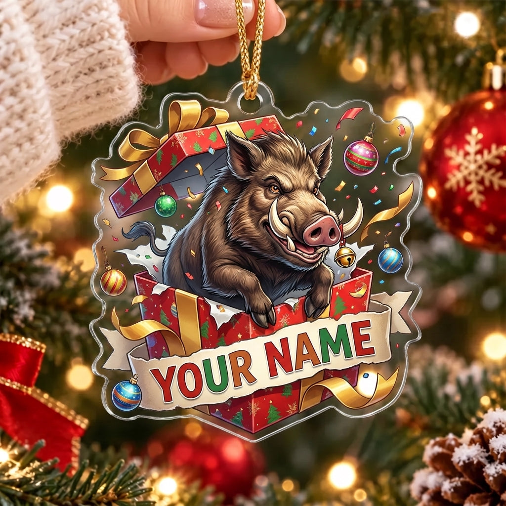 Maxcorners Funny Wild Boar Christmas Party Personalized Name Christmas Ornament