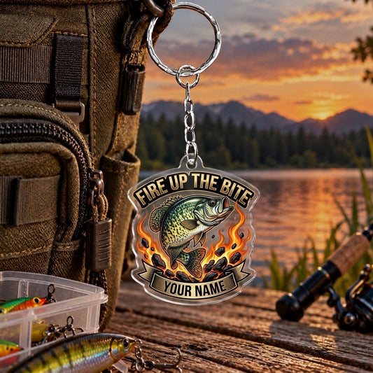 Maxcorners Fire Up the Bite Flame Fishing Personalized Name 2D Acrylic Keychain Ornament (8 Fish Species)