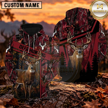 Maxcorners Whitetail Deer Hunting Woodland Camo Personalized Name 3D Hoodie