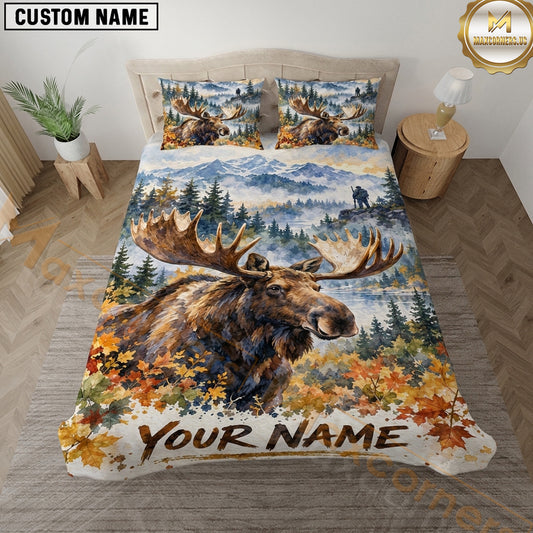 Maxcorners Moose Hunting Snowy Mountain Autumn Watercolor Artwork Multiple Options Personalized Name 3D Printed Bedding Set