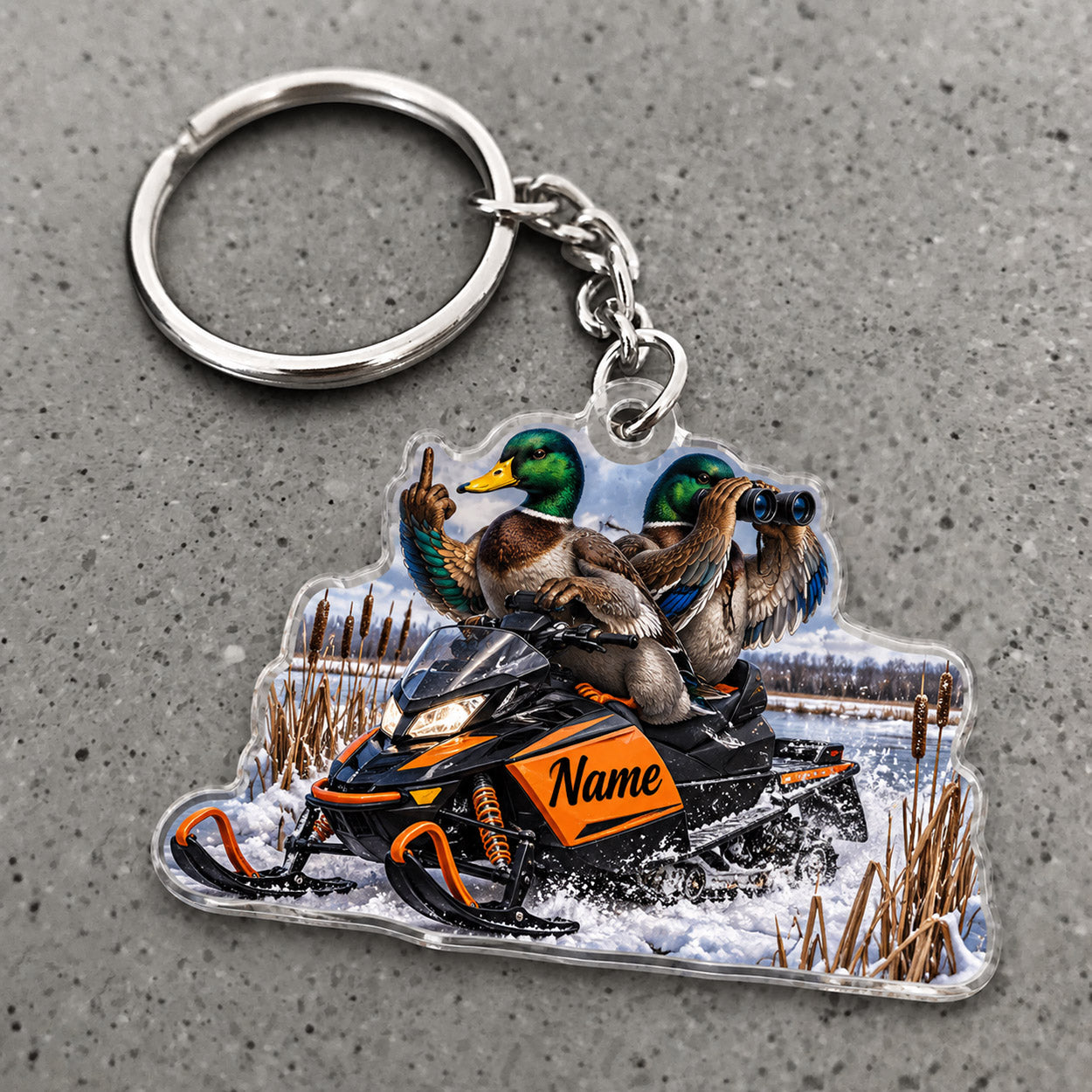 Maxcorners Mallard Duck Hunting Snowmobile Winter Adventure Custom Name Trap Hunting Custom Gift 2D Flat Acrylic Ornament, Keychain