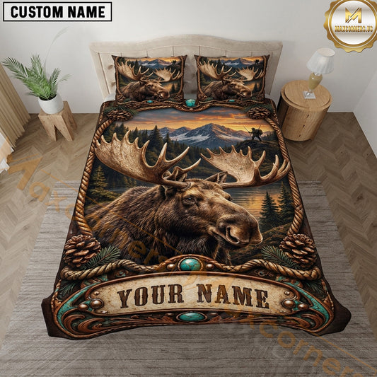 Maxcorners Moose Hunting Rustic Leather Antler Wilderness Artwork Multiple Options Personalized Name 3D Printed Bedding Set