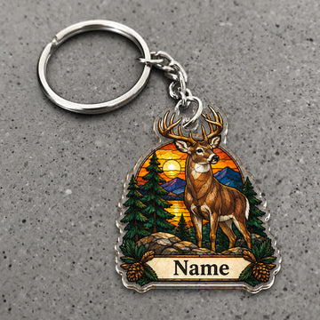 Maxcorners Whitetail Deer Hunting Pine Forest Sunset Badge Custom Name Trap Hunting Custom Gift 2D Flat Acrylic Ornament, Keychain
