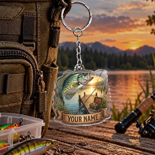 Maxcorners Golden Sunset Fishing Landscape Personalized Name 2D Acrylic Keychain Ornament (8 Fish Species)