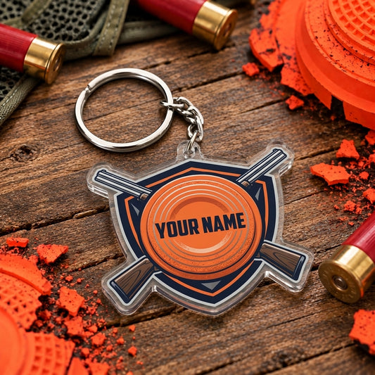 Maxcorners Orange Clay Target Crossed Shotguns Trap Shooting Personalized Name Acrylic Keychain
