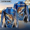 Maxcorners Fishing Shirt Royal Blue Metallic Silver Geometric Pattern Multiple Options Personalized Name, Team Name 3D Long Sleeve Shirt (13 Fish Species)