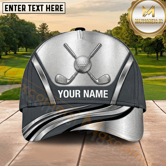 Maxcorners Golf Metallic Silver Crossed Clubs Personalized Name 3D Cap