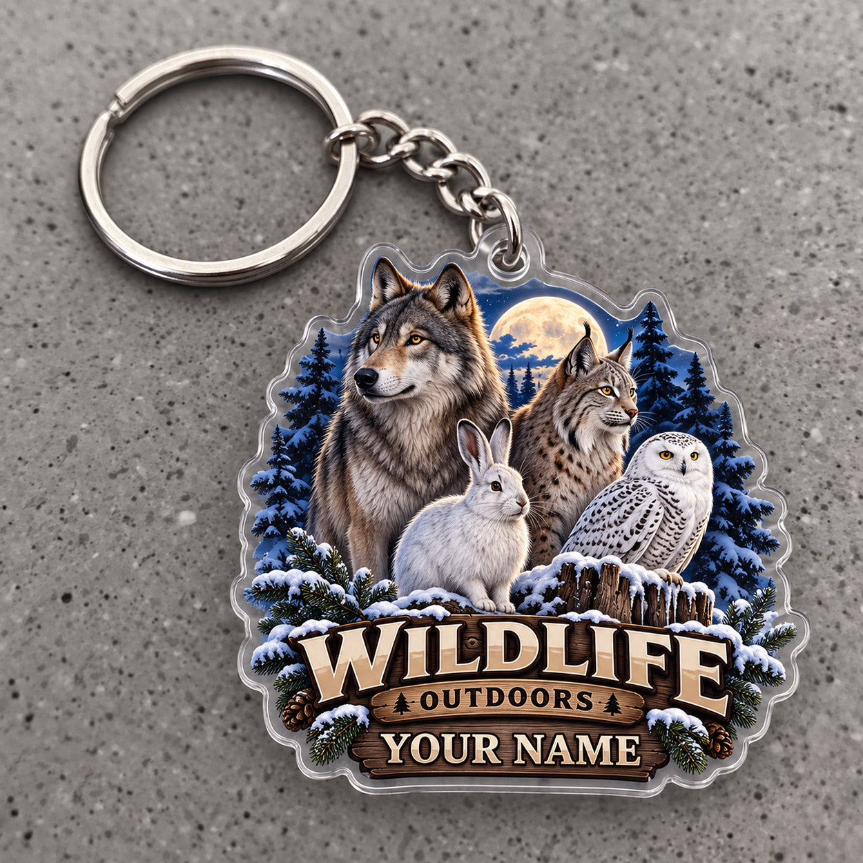 Maxcorners Wildlife Outdoors Wolf Lynx Owl Mountain Scene Custom Name Trap Hunting Custom Gift 2D Flat Acrylic Ornament, Keychain