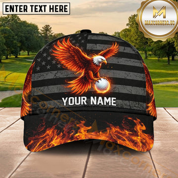Maxcorners Golf Flaming Phoenix Black American Flag Personalized Name 3D Cap