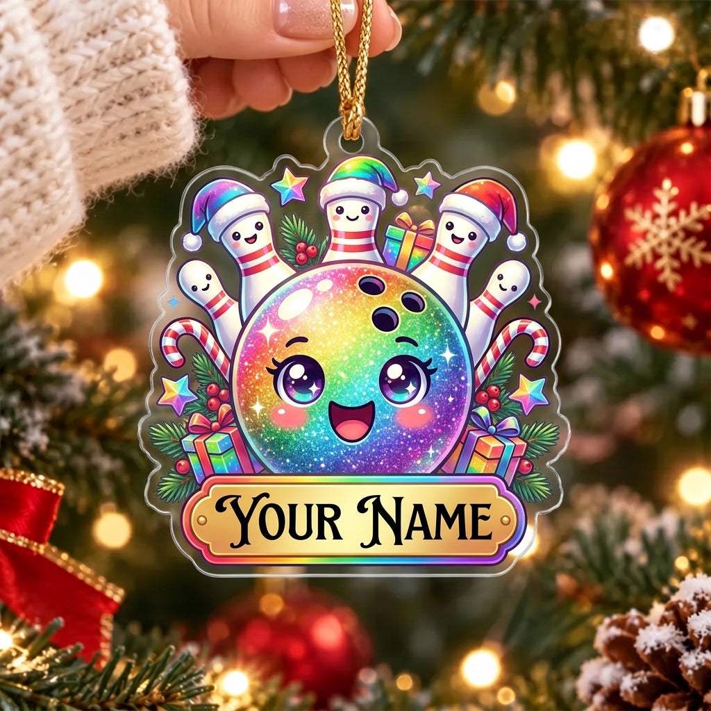 Maxcorners Bowling Rainbow Kawaii Bowling Ball Christmas Party Personalized Name Christmas Ornament
