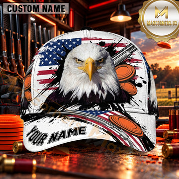 Maxcorners American Flag Bald Eagle Shotgun Trap Shooting Personalized Name 3D Cap