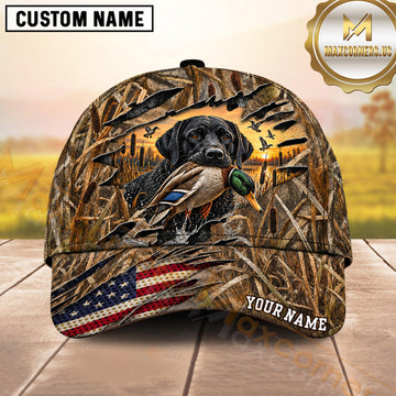 Maxcorners Torn Woodland Camo Sunset Scene Duck Hunting Dog Cap, Multiple Breeds Personalized Name 3D Cap