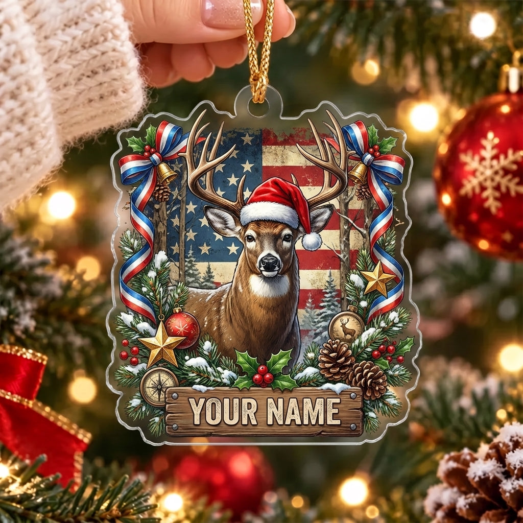 Maxcorners Patriotic Whitetail Buck American Flag Christmas Personalized Name Christmas Ornament