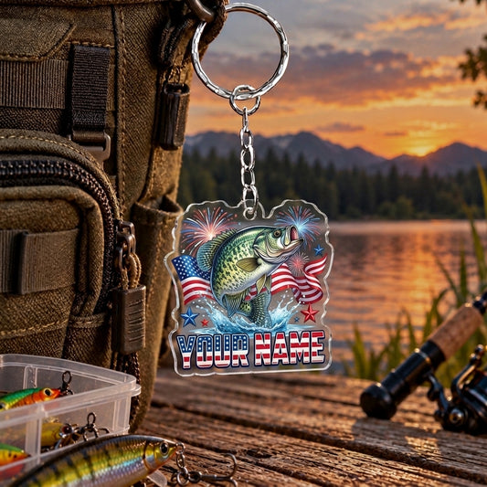 Maxcorners Patriotic Fireworks Fishing Artwork Personalized Name 2D Acrylic Keychain Ornament (8 Fish Species)
