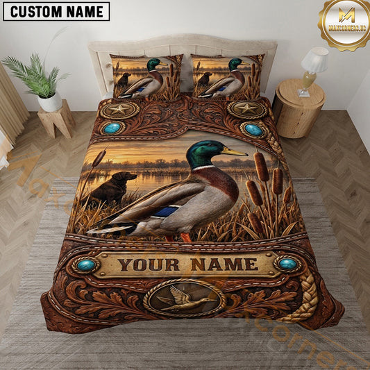 Maxcorners Duck Hunting Mallard Rustic Leather Western Artwork Multiple Options Personalized Name 3D Printed Bedding Set