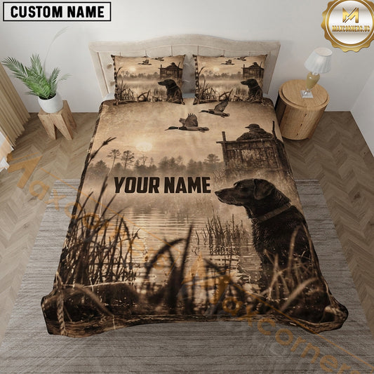 Maxcorners Dog Hunting Duck Hunting Retriever Marsh Silhouette Vintage Artwork Multiple Options Personalized Name 3D Printed Bedding Set