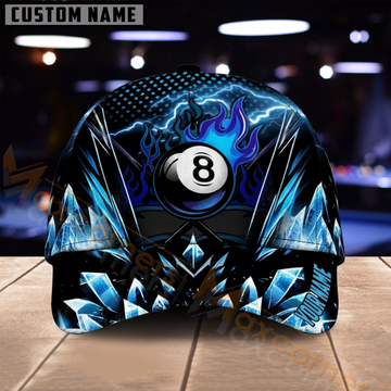 Maxcorners Billiards 8 Ball Blue Neon Flame Multiple Options Personalized Name 3D Cap