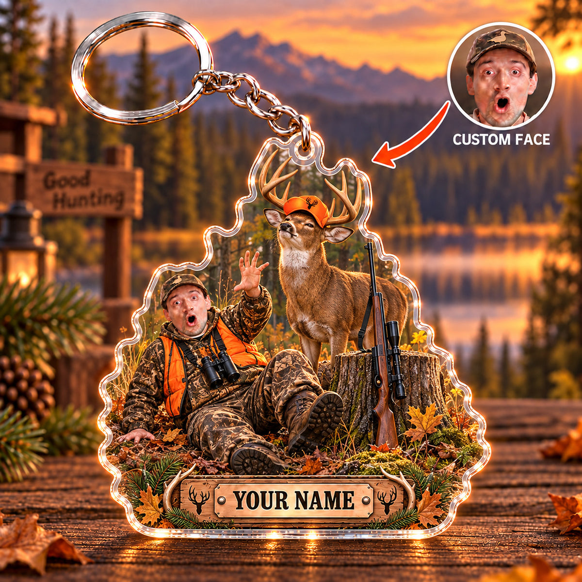 Maxcorners Deer Hunting Funny Whitetail Buck Victory Hunter Custom Name & Face Custom Gift 2D Flat Acrylic Ornament, Keychain
