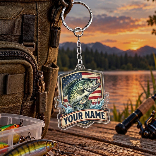 Maxcorners American Flag Fishing Shield Personalized Name 2D Acrylic Keychain Ornament (8 Fish Species)
