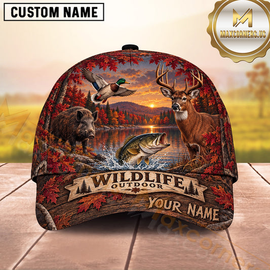 Maxcorners Red Autumn Deer Wild Boar Duck Bass Wildlife Outdoor Hunting Multicolor Options Personalized Name 3D Cap