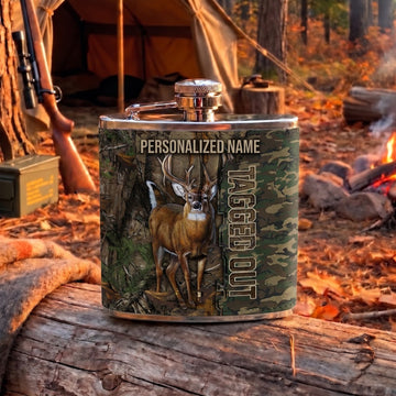 Maxcorners Moose Hunting Bull Moose and Personalized Woodland Artwork Multiple Options Personalized Name 3D Hip Flask